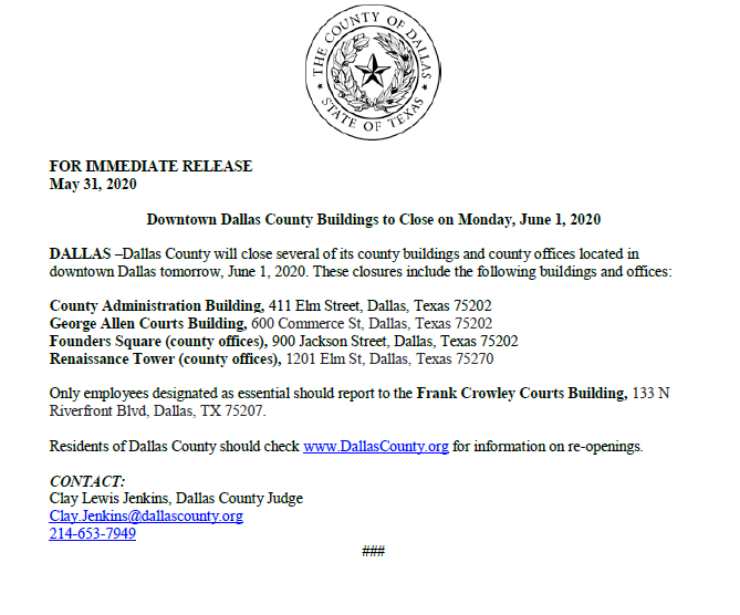 County Buildings Closed June 1, 2020