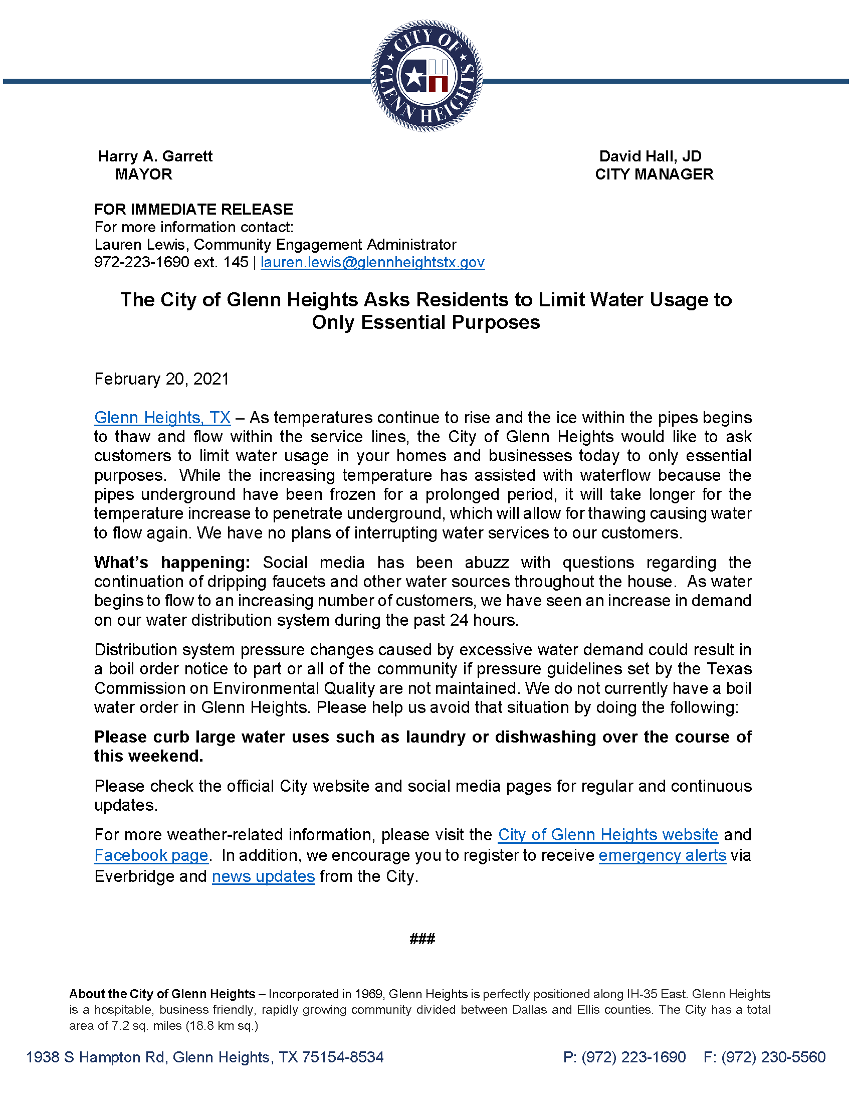 Press Release The City of Glenn Heights Asks Residents to Limit Water Usage Final