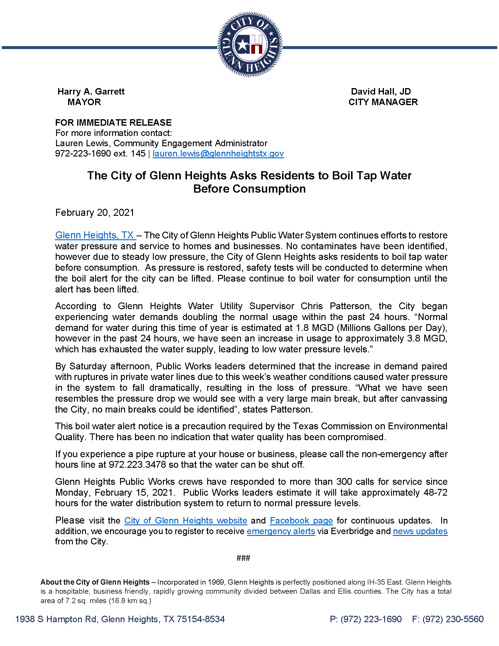 Press Release The City of Glenn Heights Asks Residents to Boil Tap Water Before Consumption Final