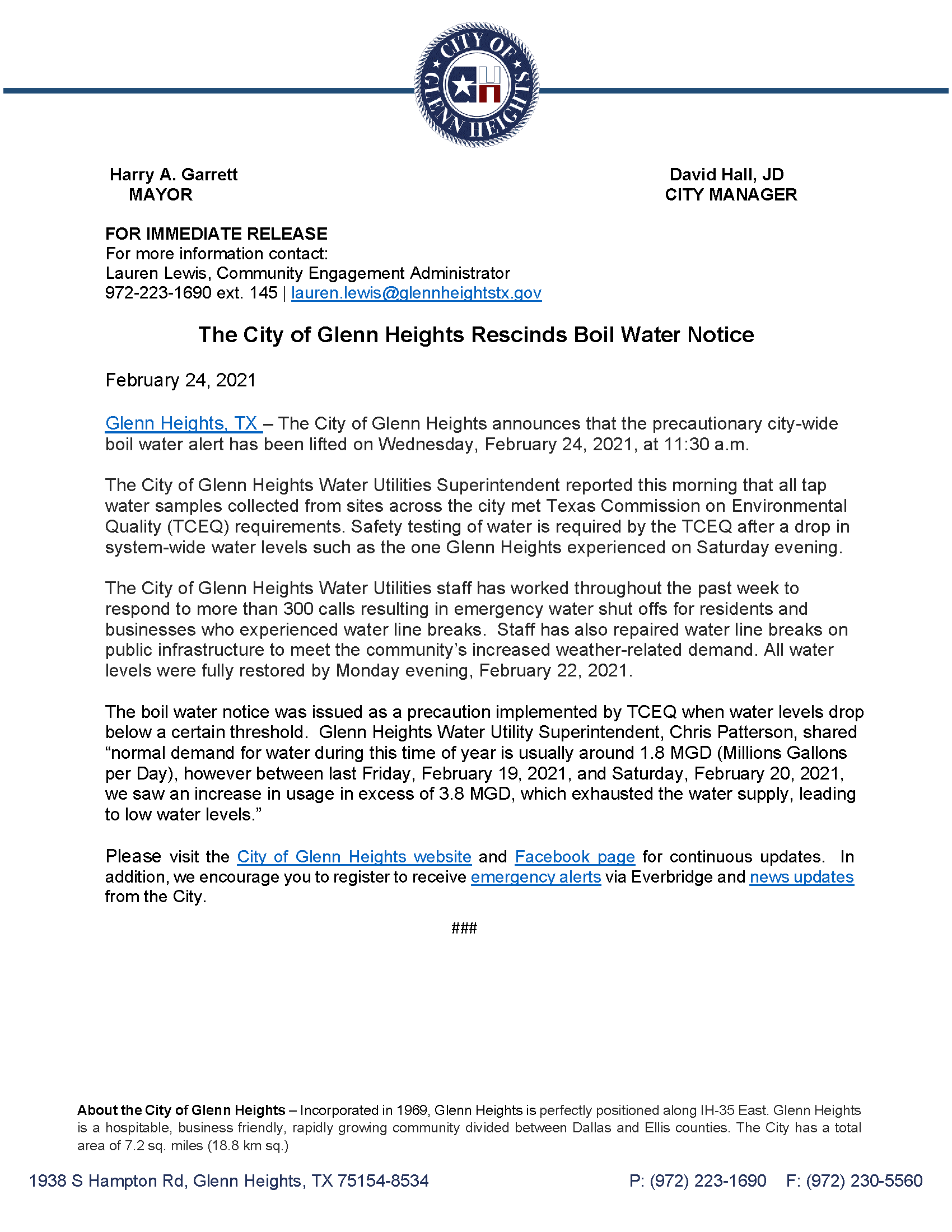 Final Press Release 2.24.21 p.1 The City of Glenn Heights Rescinds Boil Water Notice