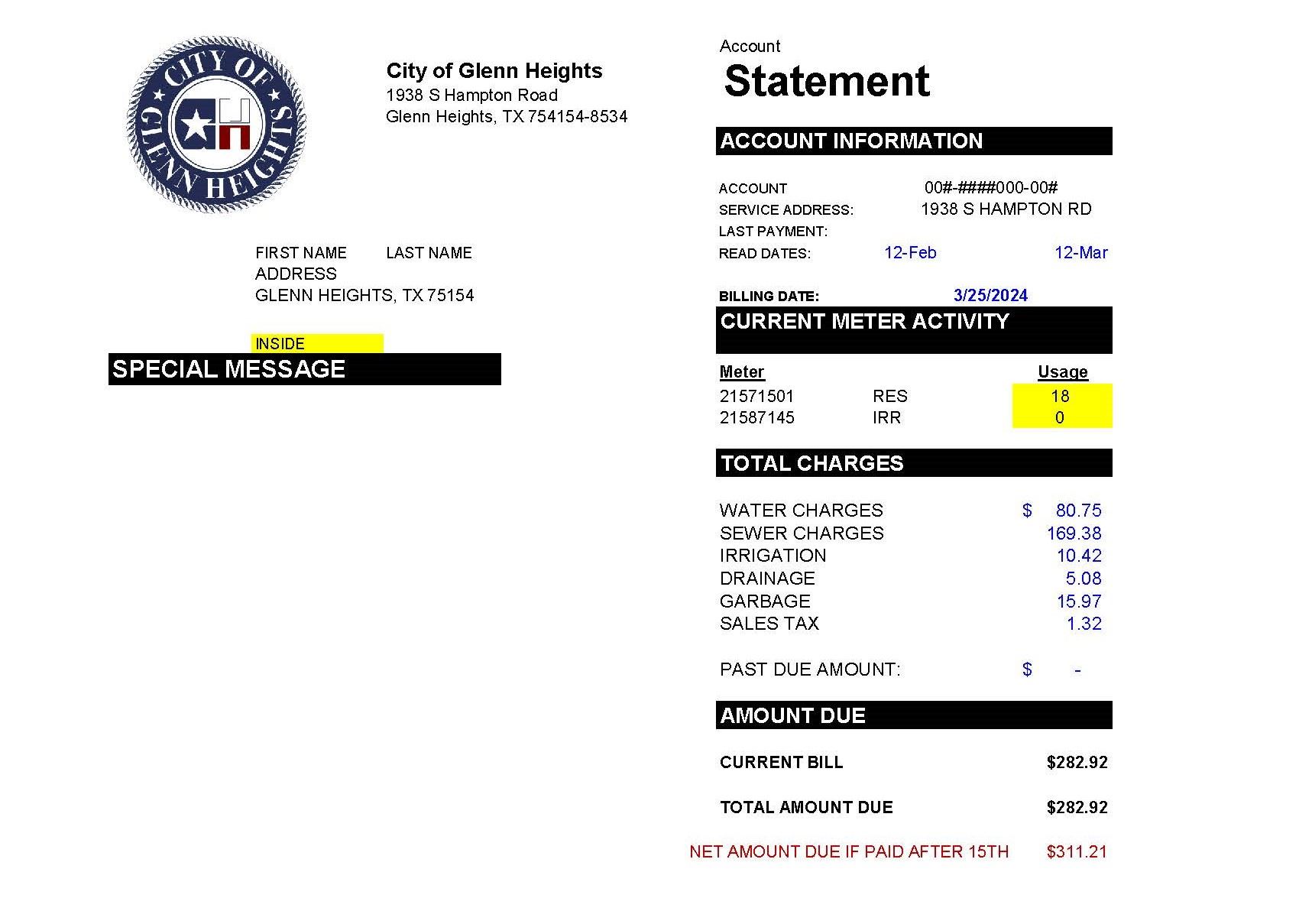 2024 Sample Water Bill for Customers
